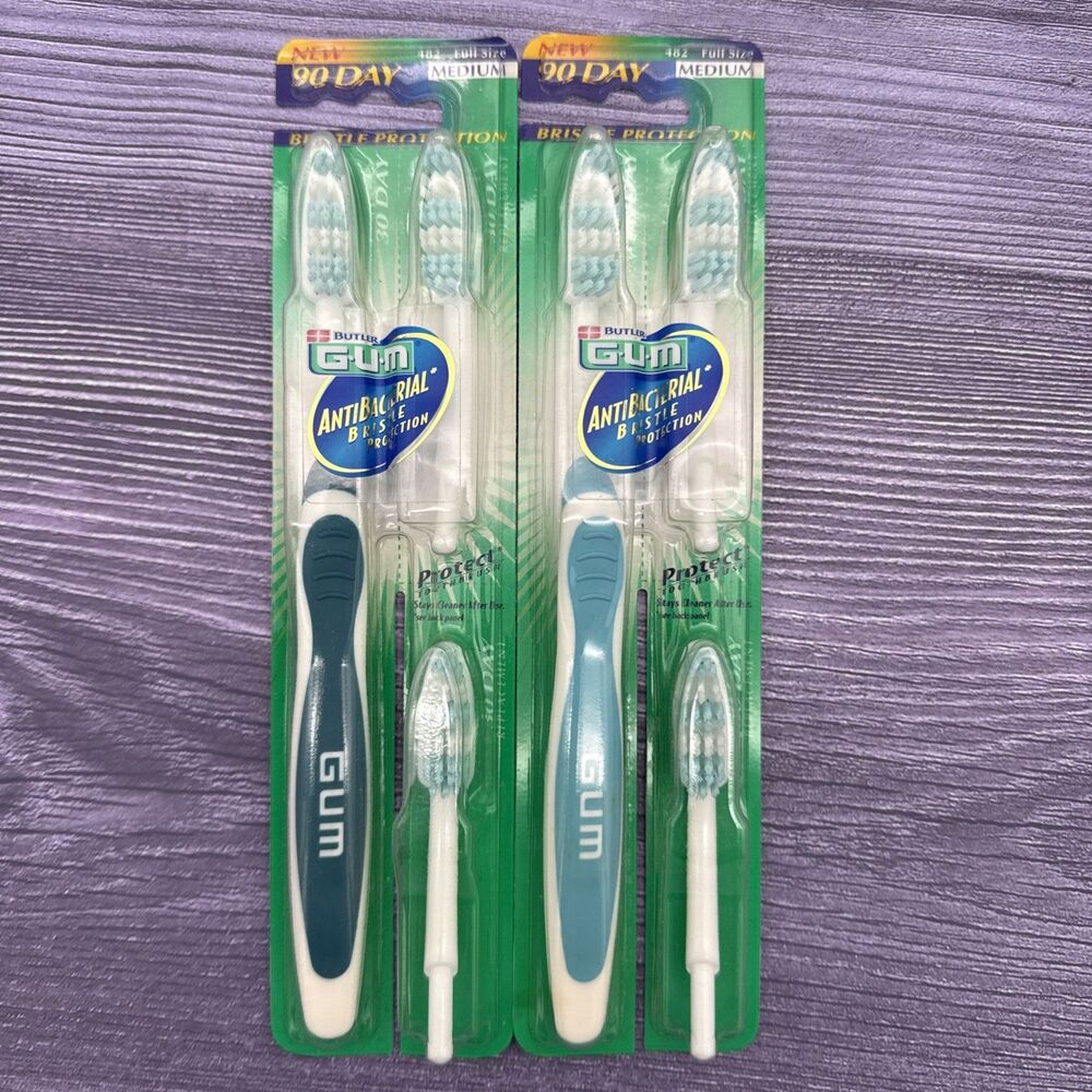 LOT 2 Butler GUM 482 Protect 90-Day Toothbrush w/3 Heads Full MEDIUM NOS